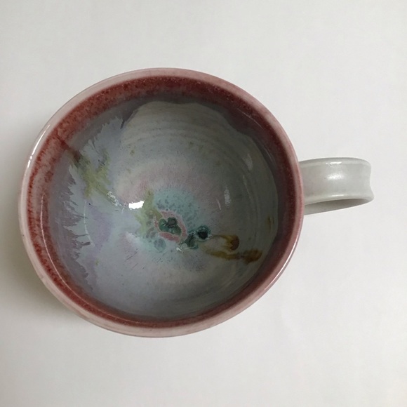 SIGNED Studio Pottery Coffee Cup Handle Pink Green Blue 4” Handmade Mod Teacup - Picture 2 of 15